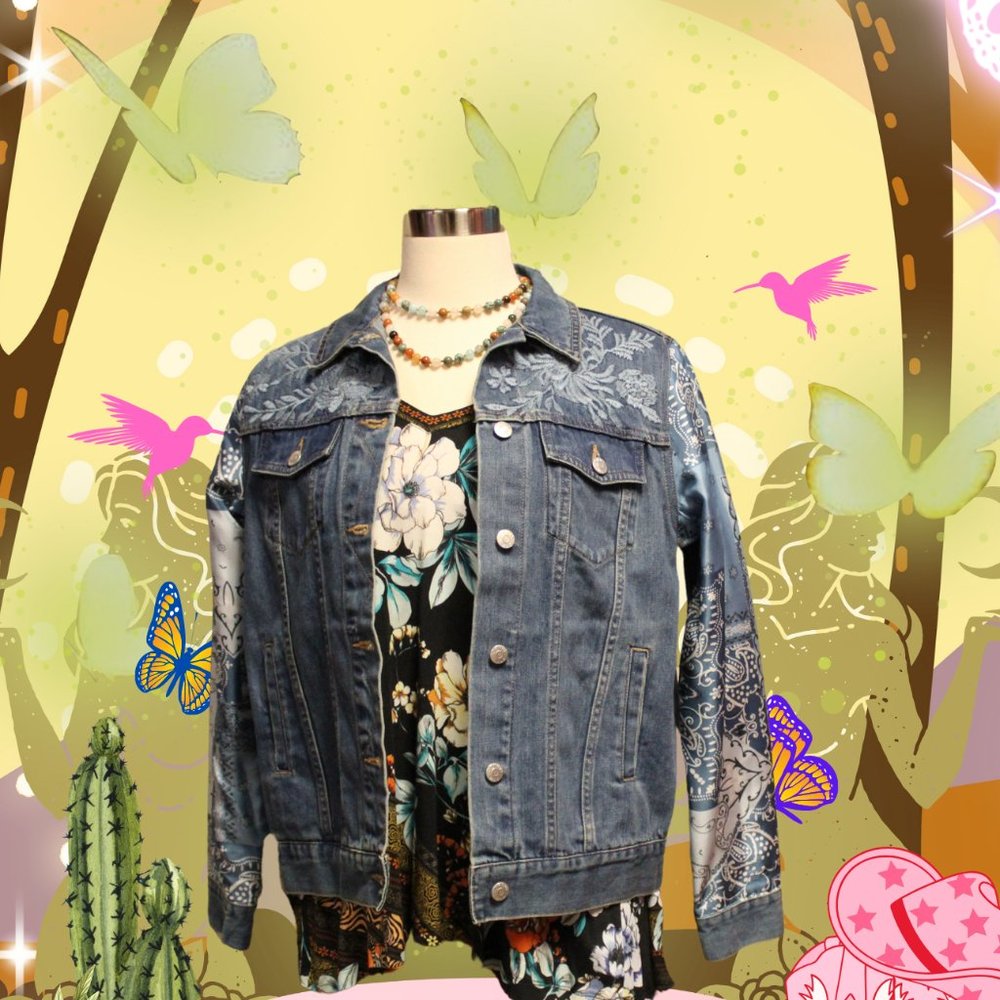 Johnny Was Bandana Patched Denim Jacket